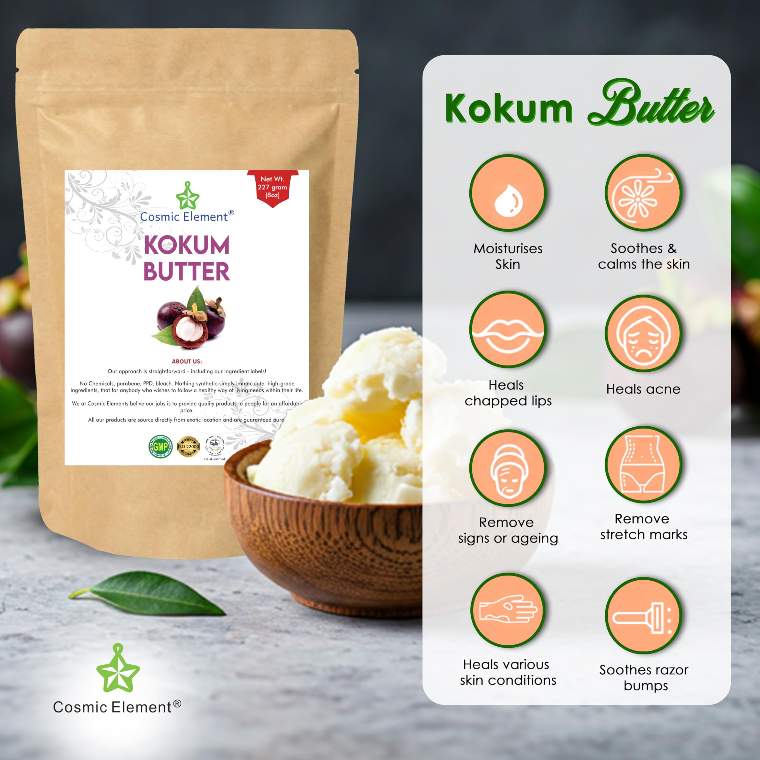 Cosmic Element Kokum Butter texture closeup highlighting white, scent-free consistency.