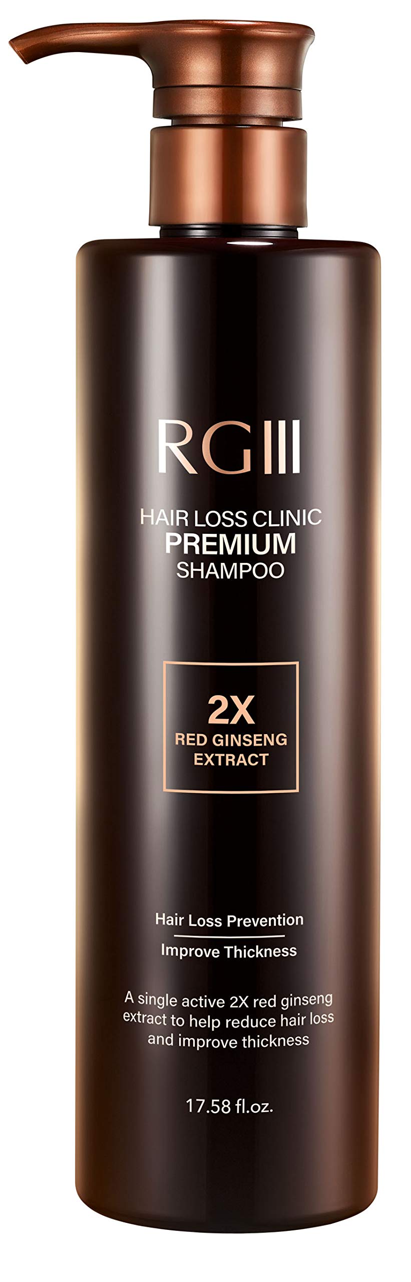 COSMOCOS RG3 Premium Shampoo bottle supports fuller-looking hair.