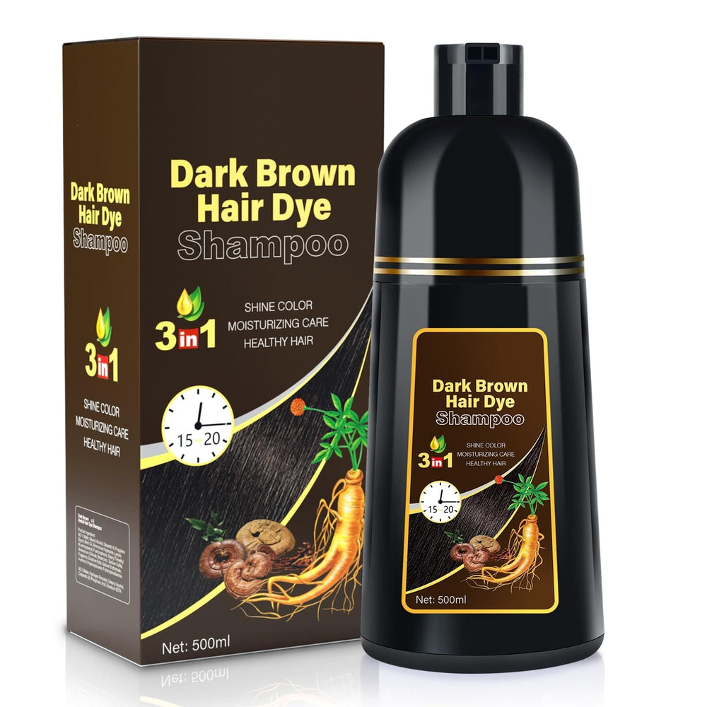 Cosmpro dark brown hair dye shampoo bottle showing 3-in-1 color and shine