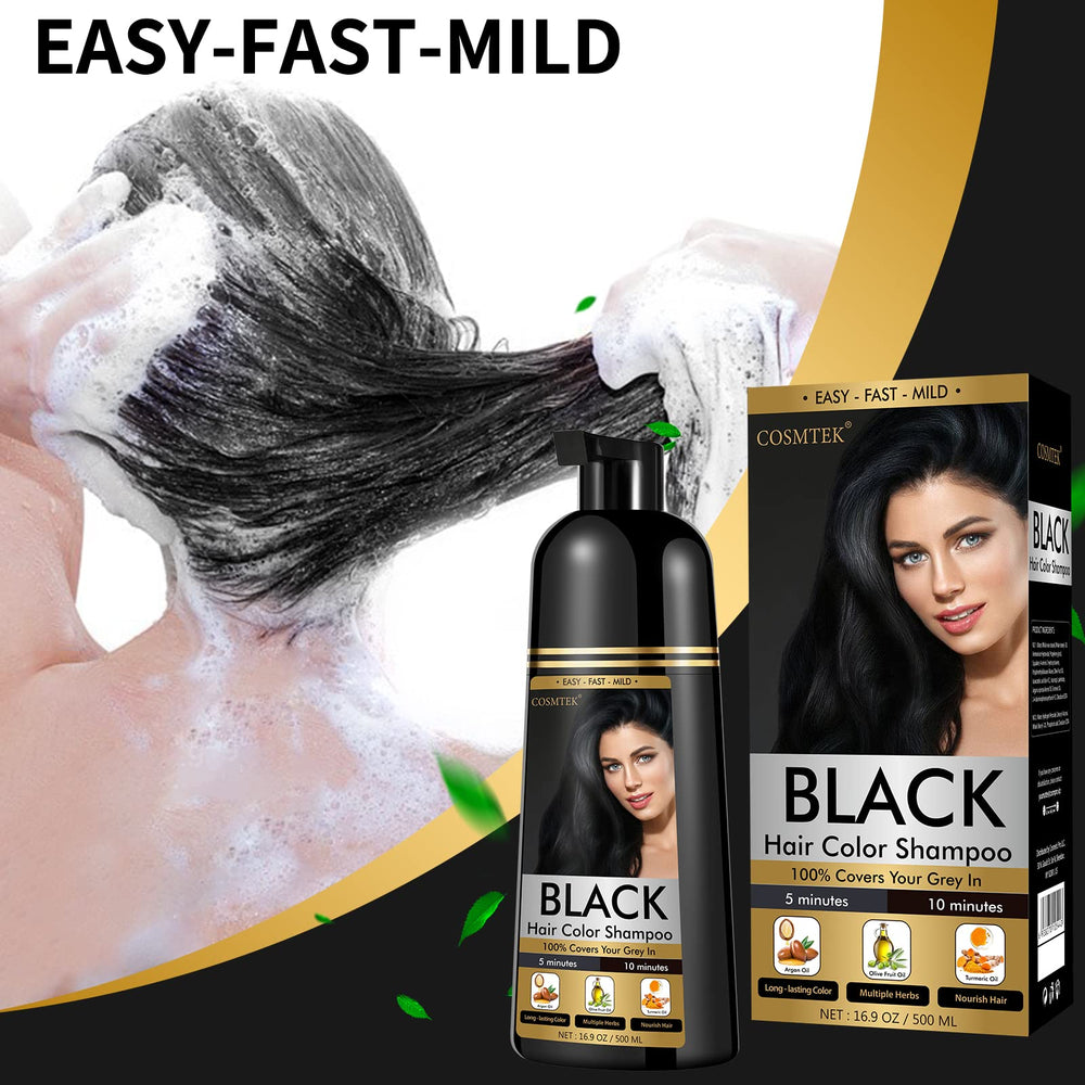 COSMTEK Black Dye Shampoo ingredients list highlighting natural herbal formula.