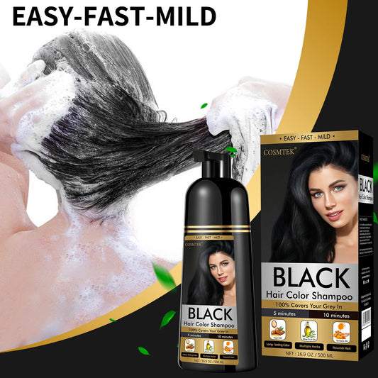 COSMTEK Black Dye Shampoo ingredients list highlighting natural herbal formula.