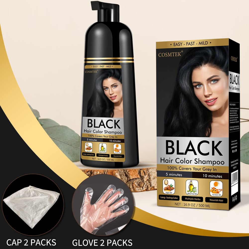 COSMTEK Black Dye Shampoo usage steps for quick 5-10 minute color deposit.