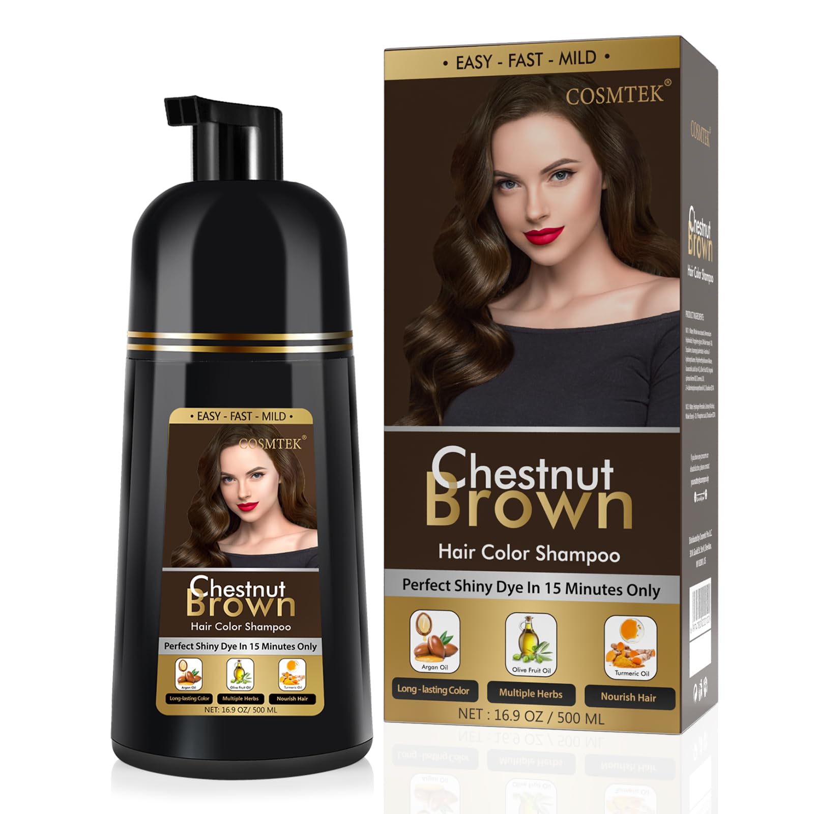COSMTEK Chestnut Brown shampoo bottle with color depositing formula for gray coverage.