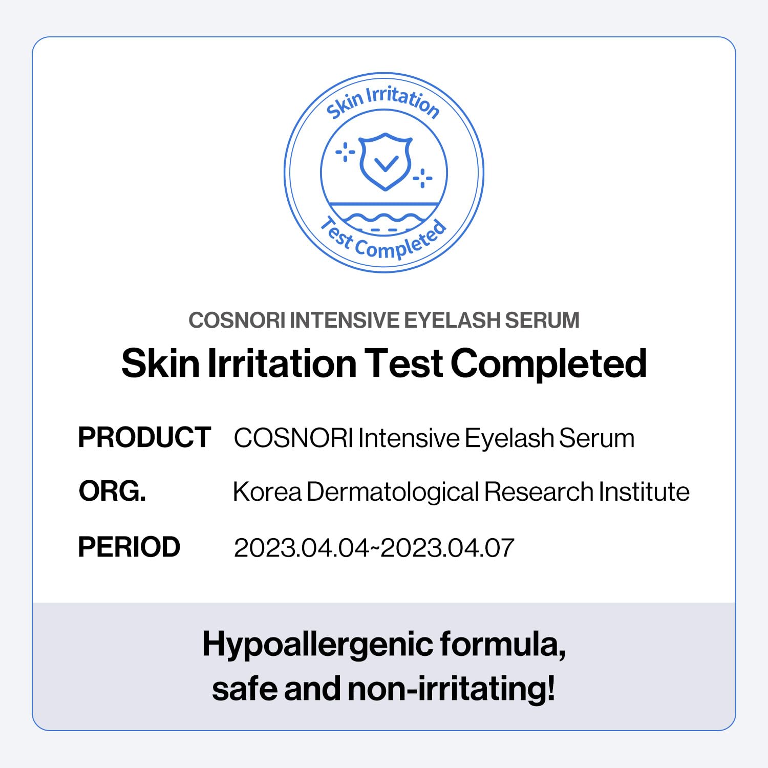 COSNORI tear-like pH-balanced label denoting comfortable eyelash care