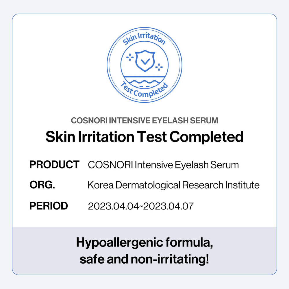 COSNORI tear-like pH-balanced label denoting comfortable eyelash care