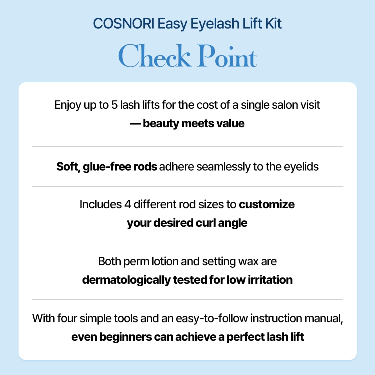 COSNORI lash perm solution swatch highlights gentle formulation for eyes.