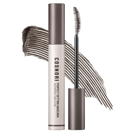 COSNORI Perfect Setting Mascara Long&Curl Deep Ash wand close-up for precise coating.