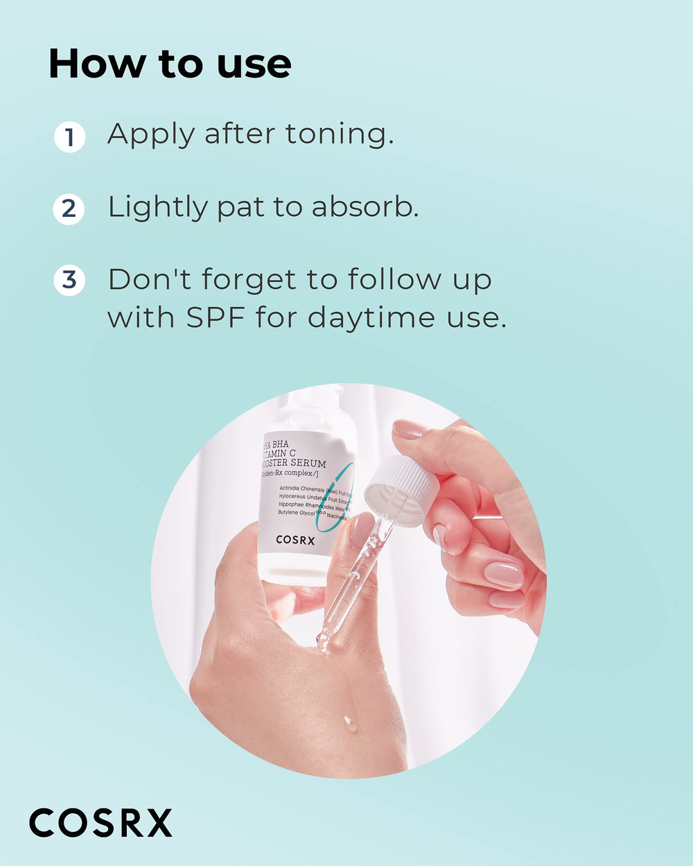 Application on hand with COSRX serum hints at glow and smooth skin prep.