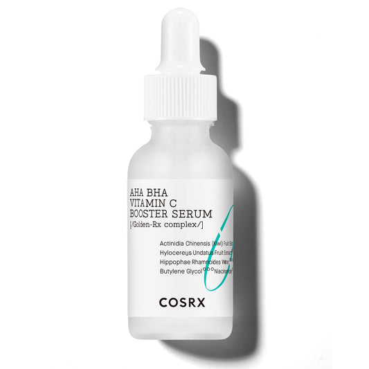 COSRX AHA BHA Vitamin C Booster Serum bottle close-up suggests radiant, hydrated skin benefits.
