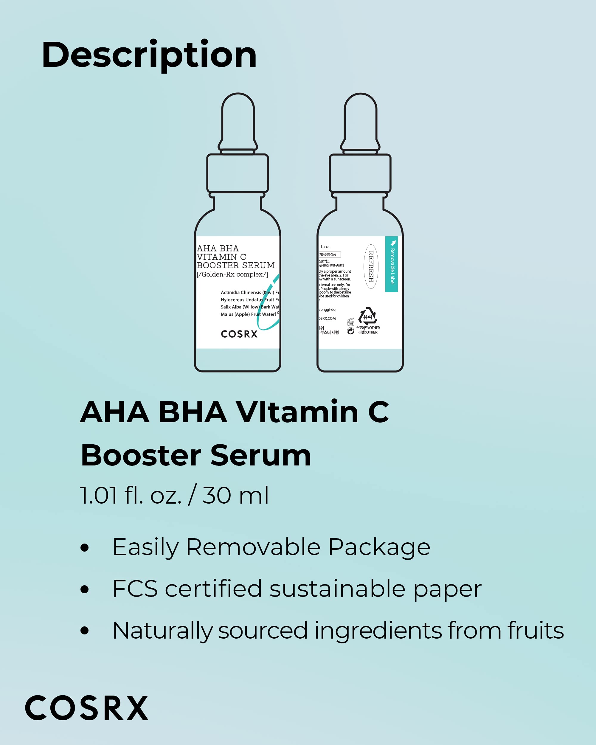 Soft lighting on COSRX serum bottle conveys a hydrating, luminous effect.