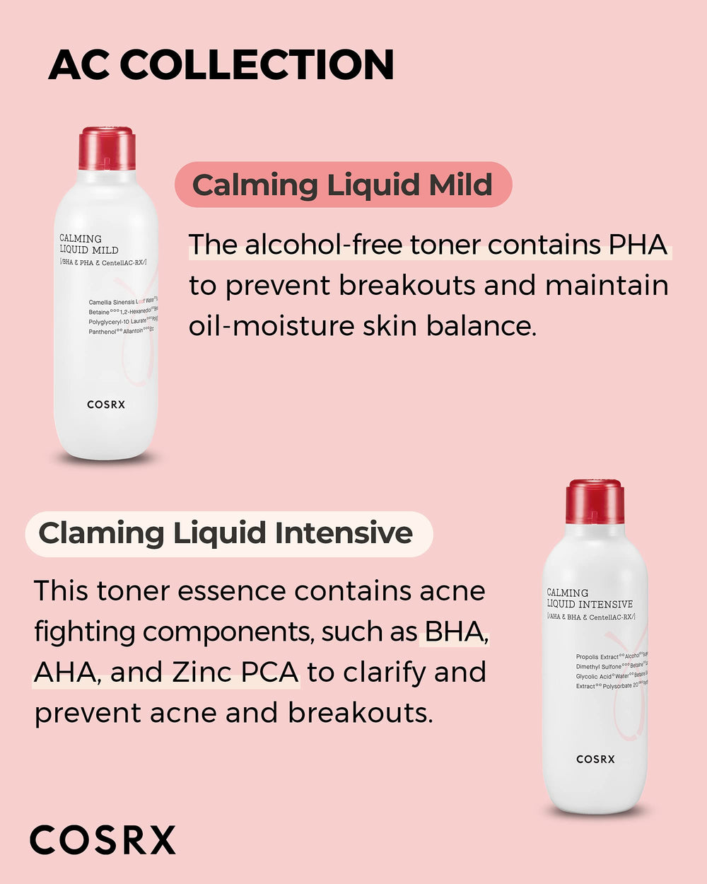 COSRX AC Collection Calm Liquid Mild flat lay, part of a gentle routine.