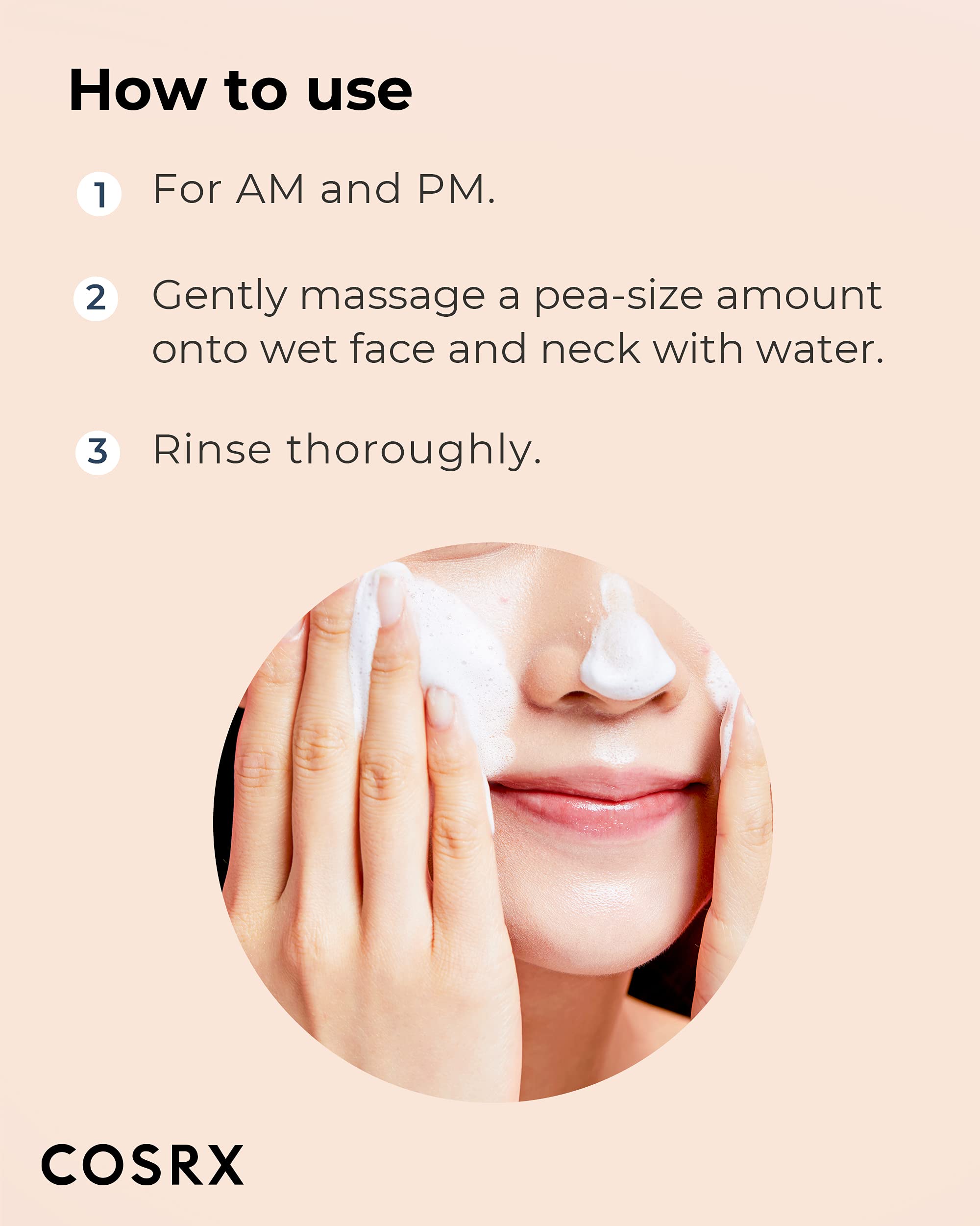 COSRX AC Collection Calming Foam Cleanser closeup of foamy texture and quick rinse.