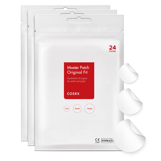 COSRX Acne Pimple Patch Original with three sizes covers blemishes discreetly.