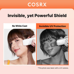 Texture swatch shows COSRX Airy-Light Clear Sunscreen Stick's translucent matte finish