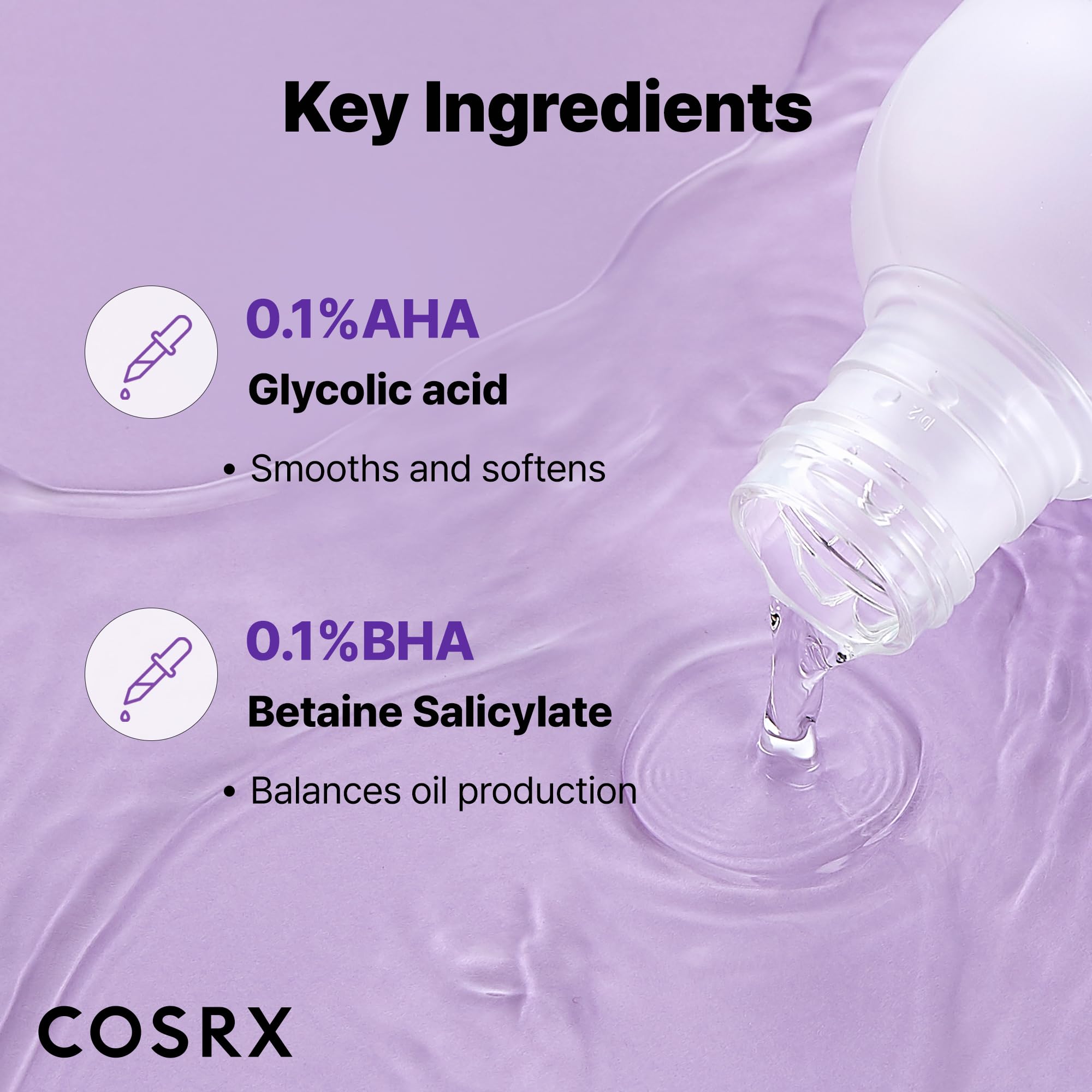 COSRX bottle label shows dermatologist-tested safety for daily use.
