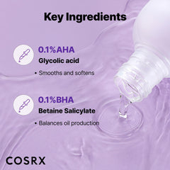 COSRX bottle label shows dermatologist-tested safety for daily use.
