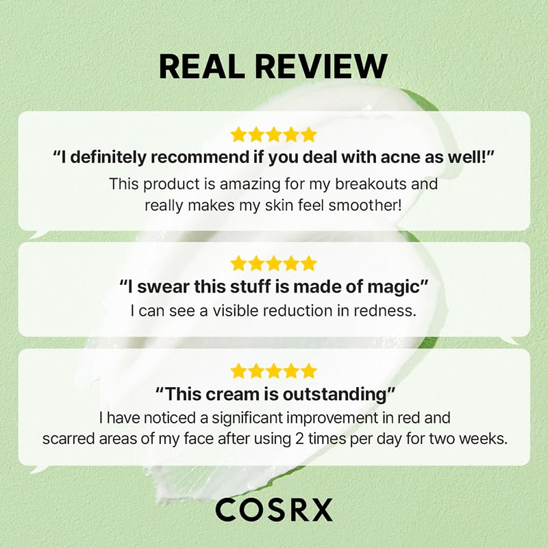 COSRX Centella Blemish Cream ingredient panel indicating fragrance-free, paraben-free, sulfate-free benefits