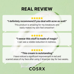 COSRX Centella Blemish Cream ingredient panel indicating fragrance-free, paraben-free, sulfate-free benefits