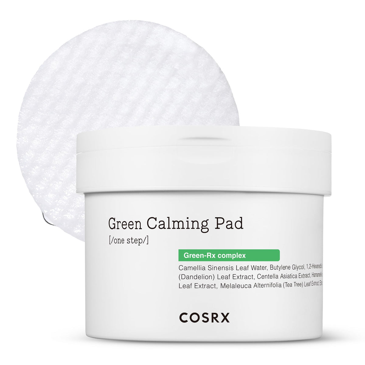 COSRX Green Calming Pads bottle close-up highlighting soothing, skin-friendly formula.