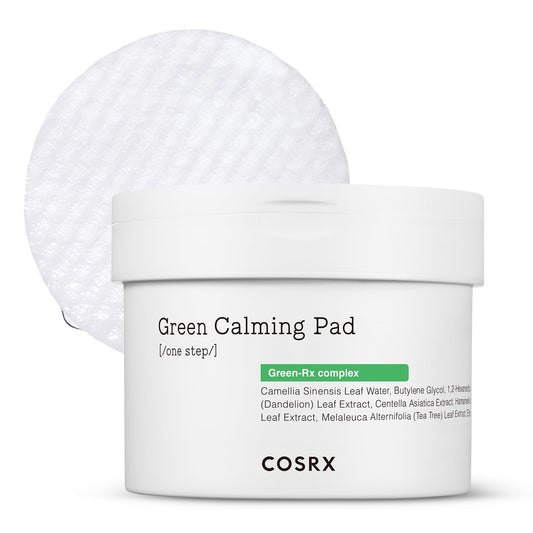 COSRX Green Calming Pads bottle close-up highlighting soothing, skin-friendly formula.