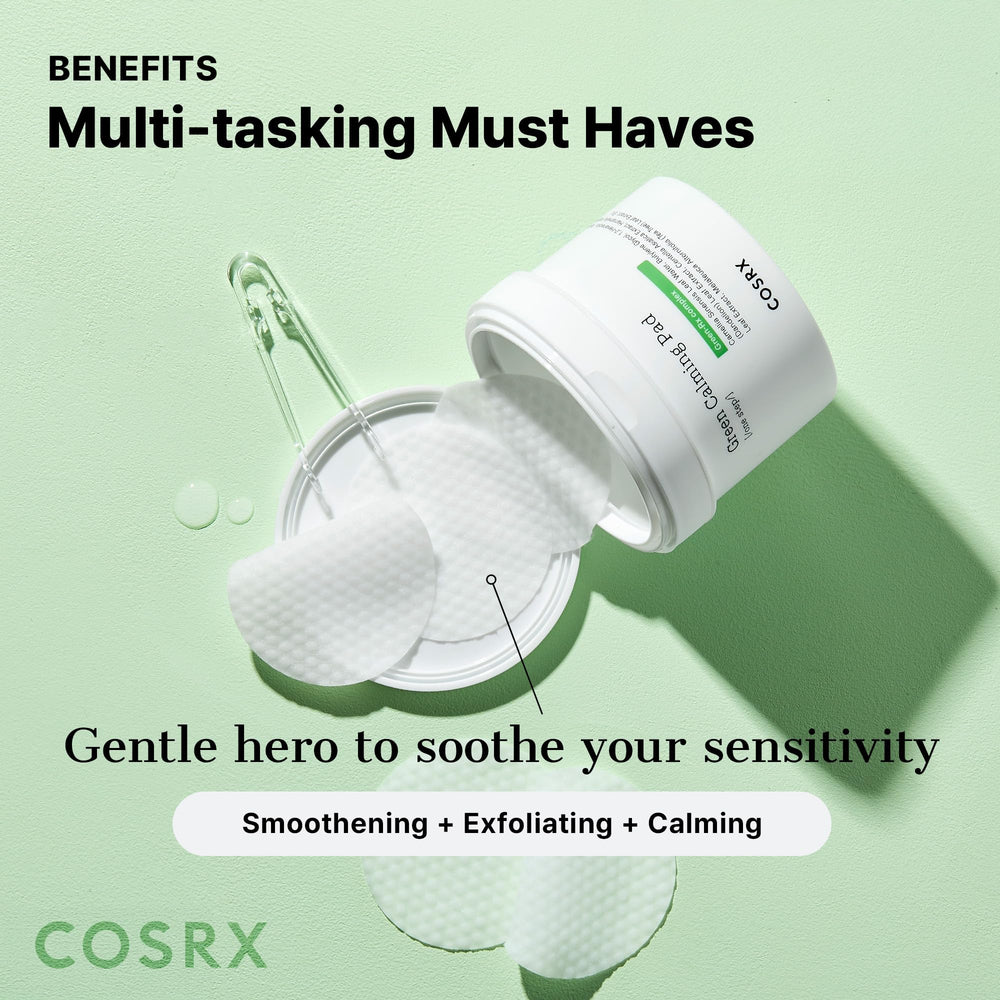 COSRX Green Calming Pads green tea infusion supports antioxidant skin care.