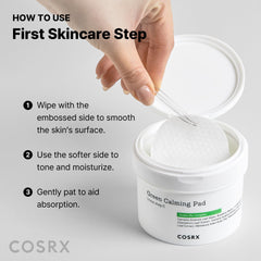 COSRX Green Calming Pads natural extracts like Centella and Witch Hazel soothe.