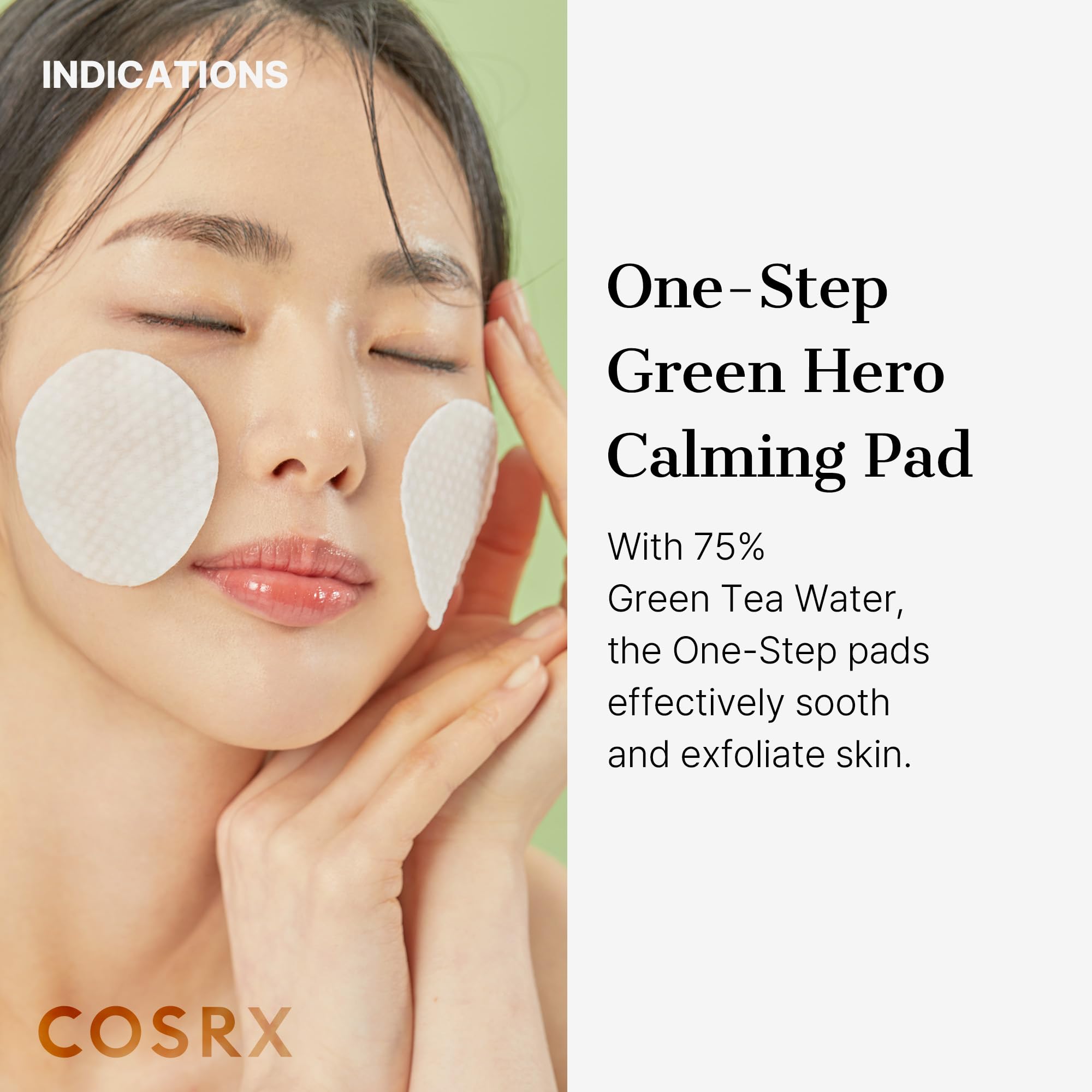 COSRX Green Calming Pads sheet pack 70 sheets for daily gentle exfoliation and refresh.