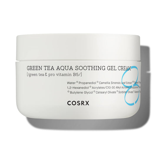 COSRX Hydrium Green Tea Aqua Gel Cream bottle shows cooling, fast-absorbing daily hydration.