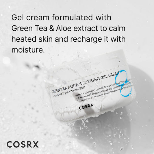 COSRX Hydrium Green Tea Aqua Gel Cream jar close-up highlighting jelly texture.