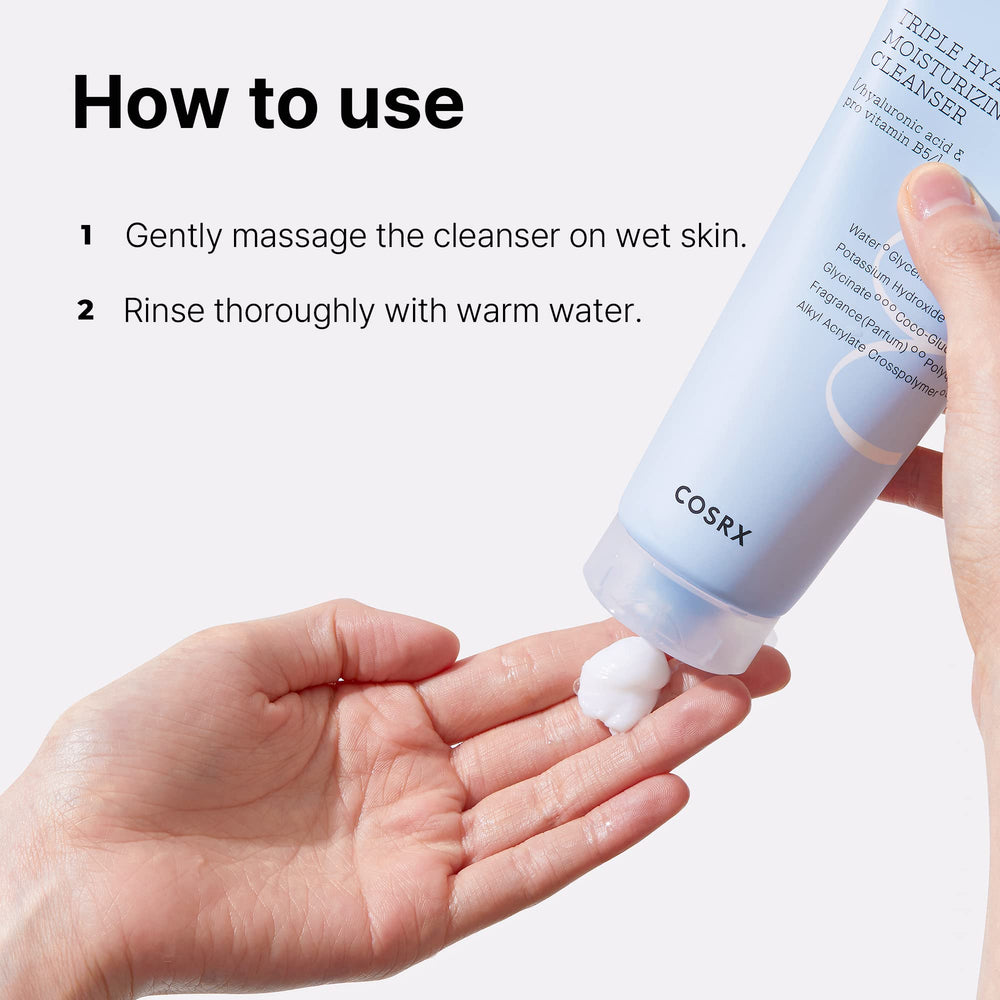 Makeup removal scene with cleanser used as first step in routine.