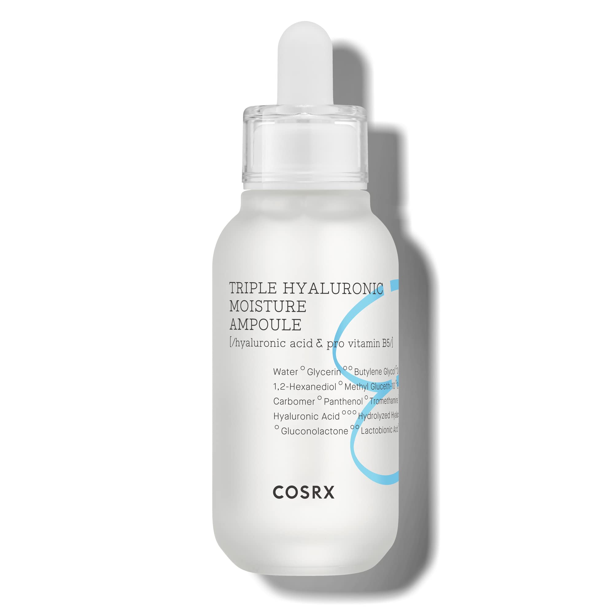 COSRX Hydrium bottle closeup highlighting the hydrating ampoule for deep moisture.