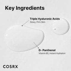 COSRX Hydrium ingredients closeup emphasizes three hyaluronic acids for moisture retention.