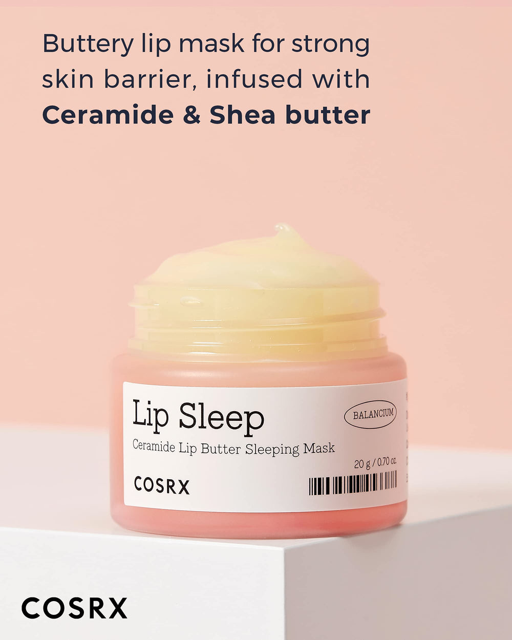COSRX Lip Butter with ceramide NP, shea, coconut oil, and jojoba oil nourishes lips.