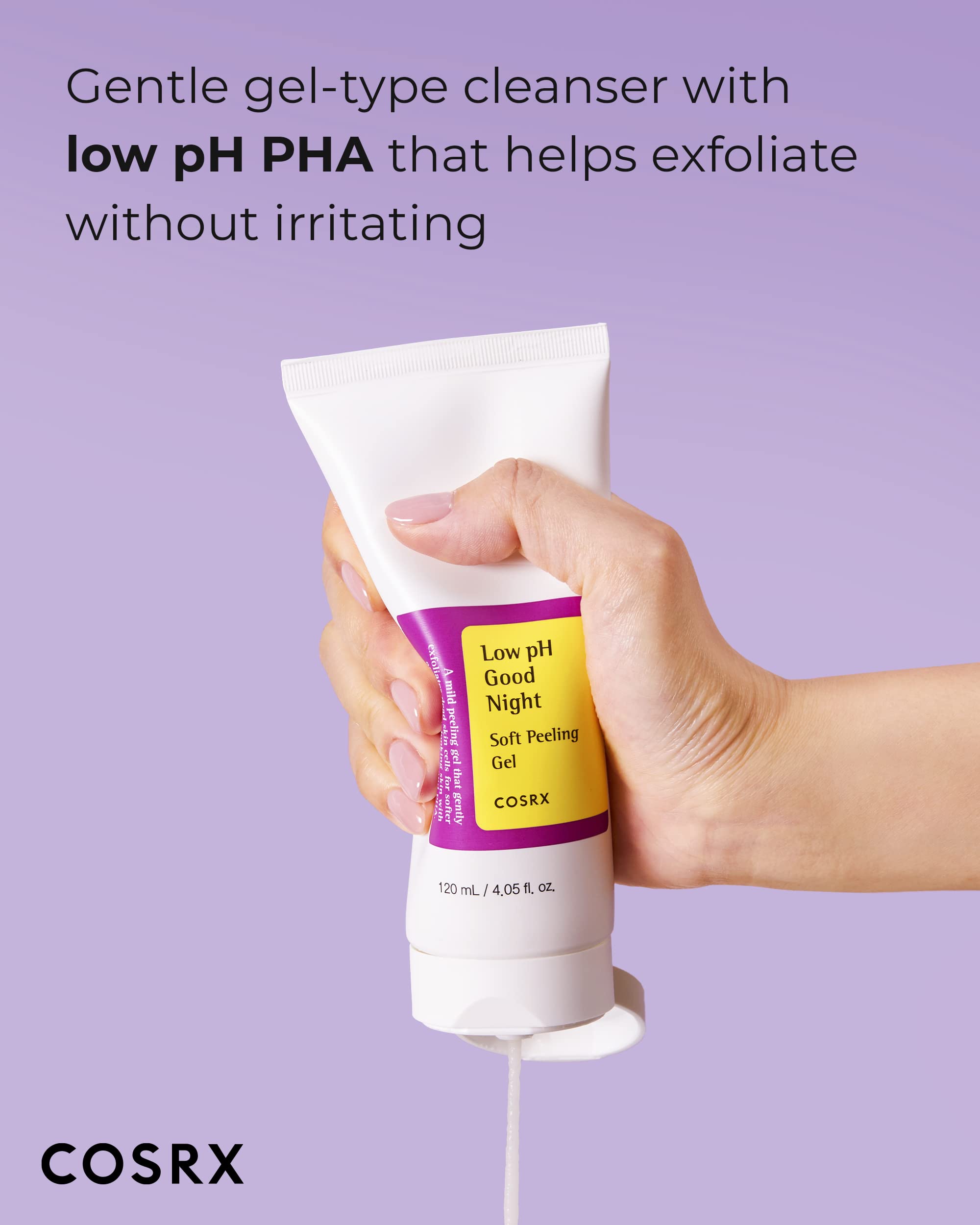 COSRX Low pH peeling gel application shows gentle massage for refreshed skin.