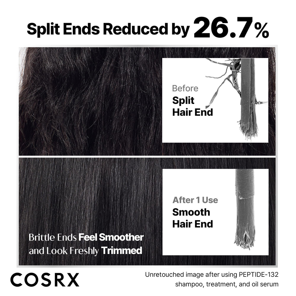 COSRX PEPTIDE-132 Hair close-up reveals smooth, frizz-free strands.