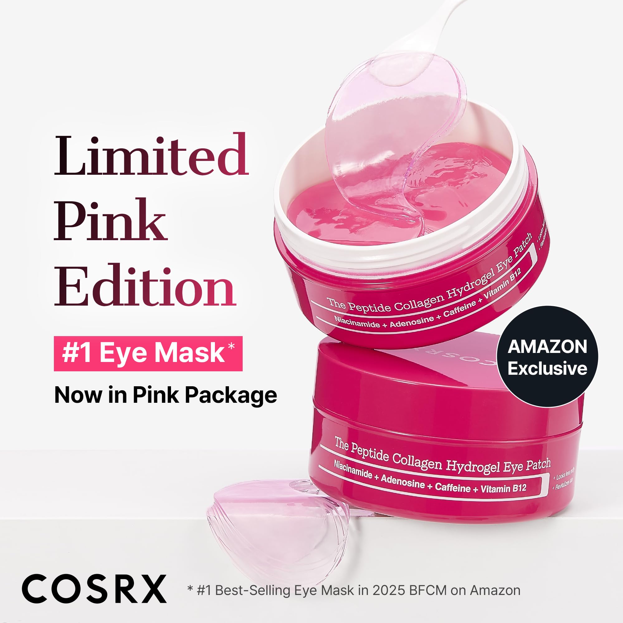 COSRX Pink Edition eye patches close-up reveals hydrogel texture and pink packaging.