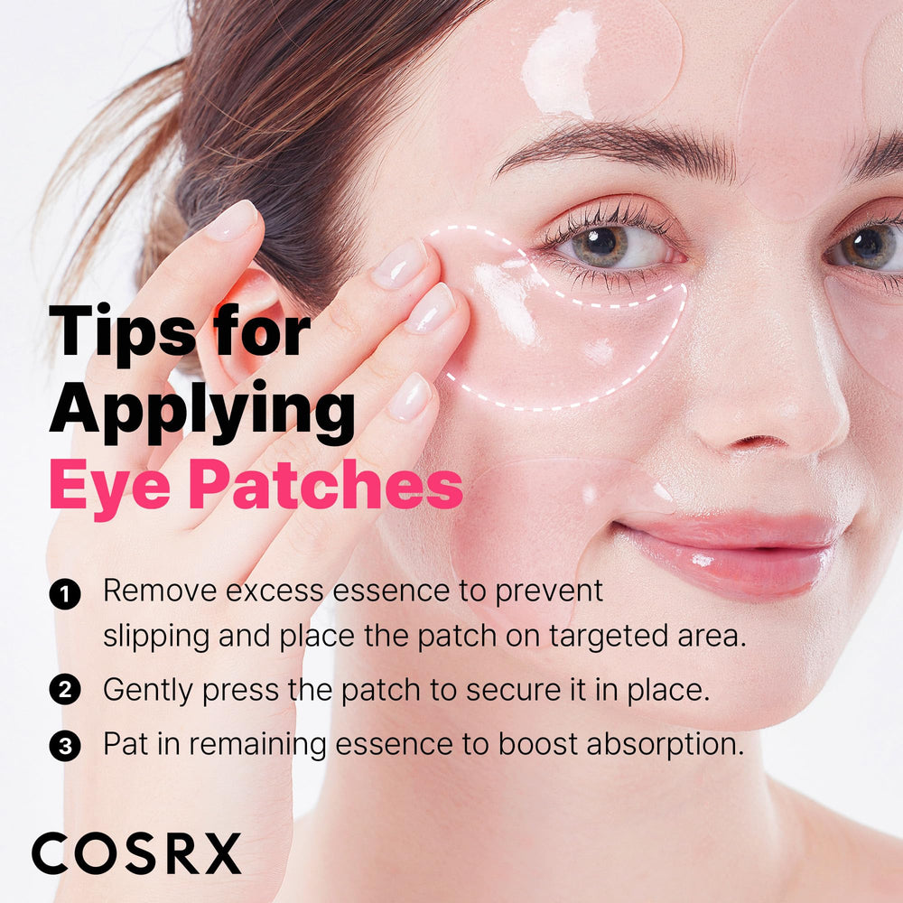 Six COSRX Pink Edition eye patches displayed in a tray to show extended use.