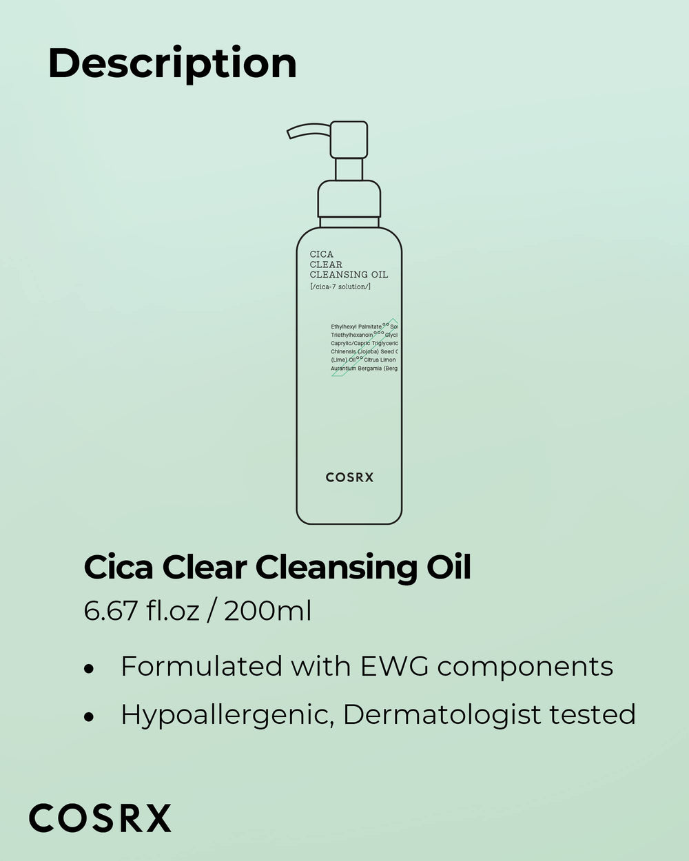 COSRX Pure Fit Cica Cleansing Oil dermatologist-tested label close-up.