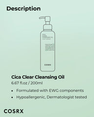 COSRX Pure Fit Cica Cleansing Oil dermatologist-tested label close-up.