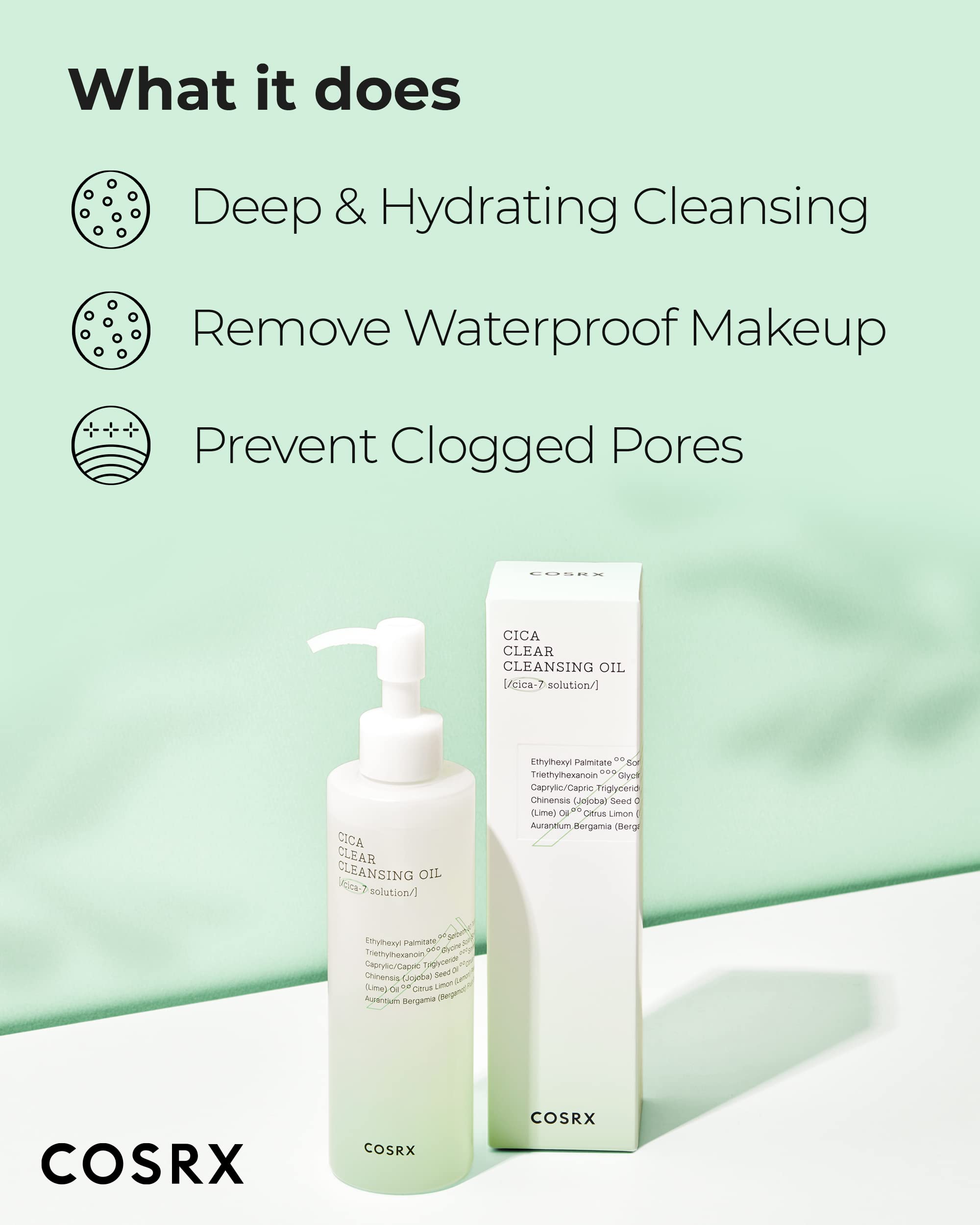 Hand applying COSRX Pure Fit Cica Cleansing Oil during a gentle cleansing massage.