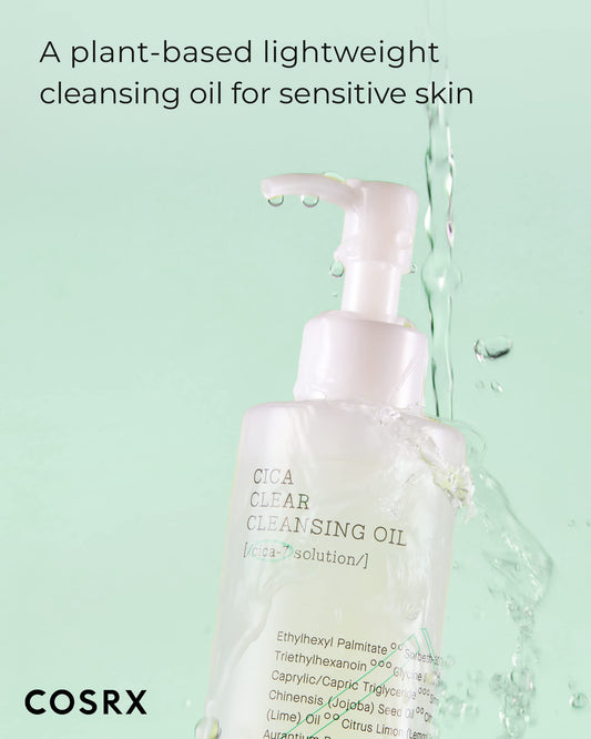 Texture close-up of COSRX Pure Fit Cica Cleansing Oil showing oil-to-milk transition.
