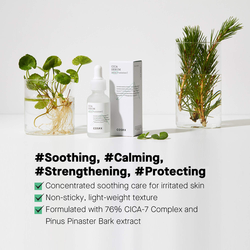 COSRX Pure Fit Cica Serum dropper—calming application for irritated skin.