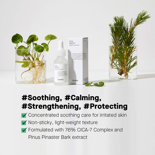 COSRX Pure Fit Cica Serum dropper—calming application for irritated skin.