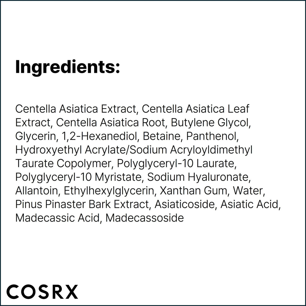 COSRX Pure Fit Cica Serum ingredients close-up—76% CICA-7 Complex for calming care.