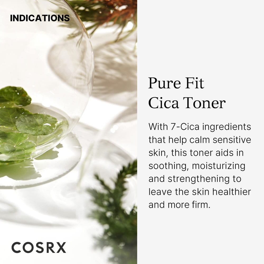 COSRX Pure Fit CICA Toner label closeup emphasizes a calm soothing formula.