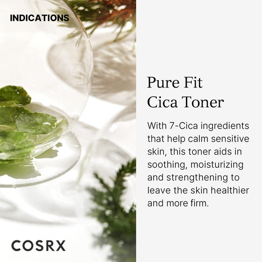 COSRX Pure Fit CICA Toner label closeup emphasizes a calm soothing formula.