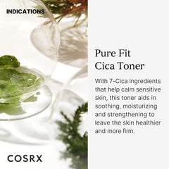 COSRX Pure Fit CICA Toner label closeup emphasizes a calm soothing formula.