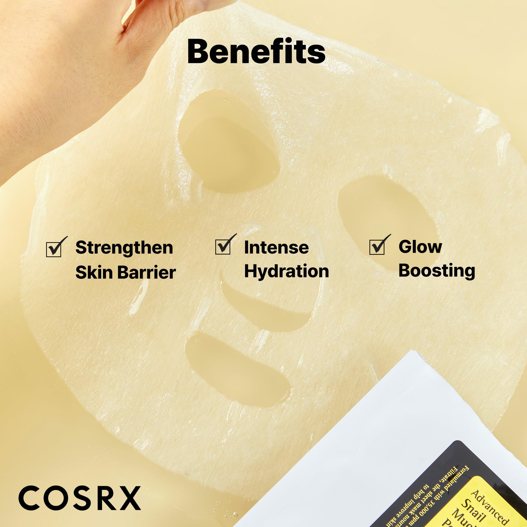 COSRX Snail Mucin Sheet Mask ingredients label shows clean formula.
