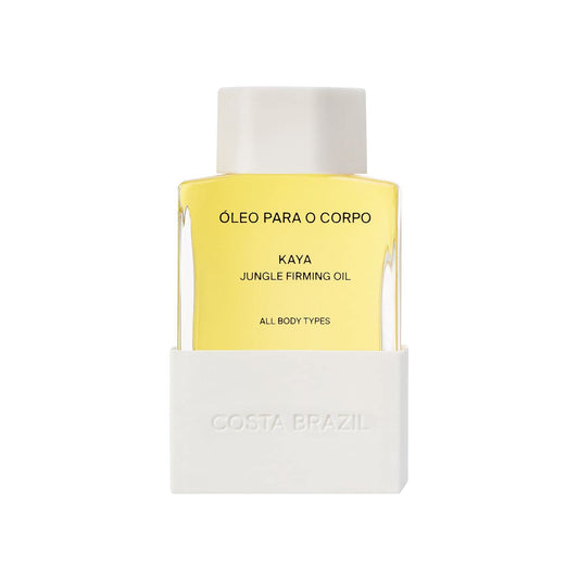 Costa Brazil Kaya Jungle Firming Body Oil bottle close-up showing silky hydration.