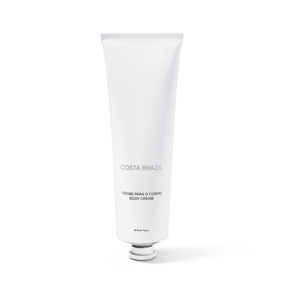 Costa Brazil body cream jar close-up showing rich hydration and fragrance-free formula.
